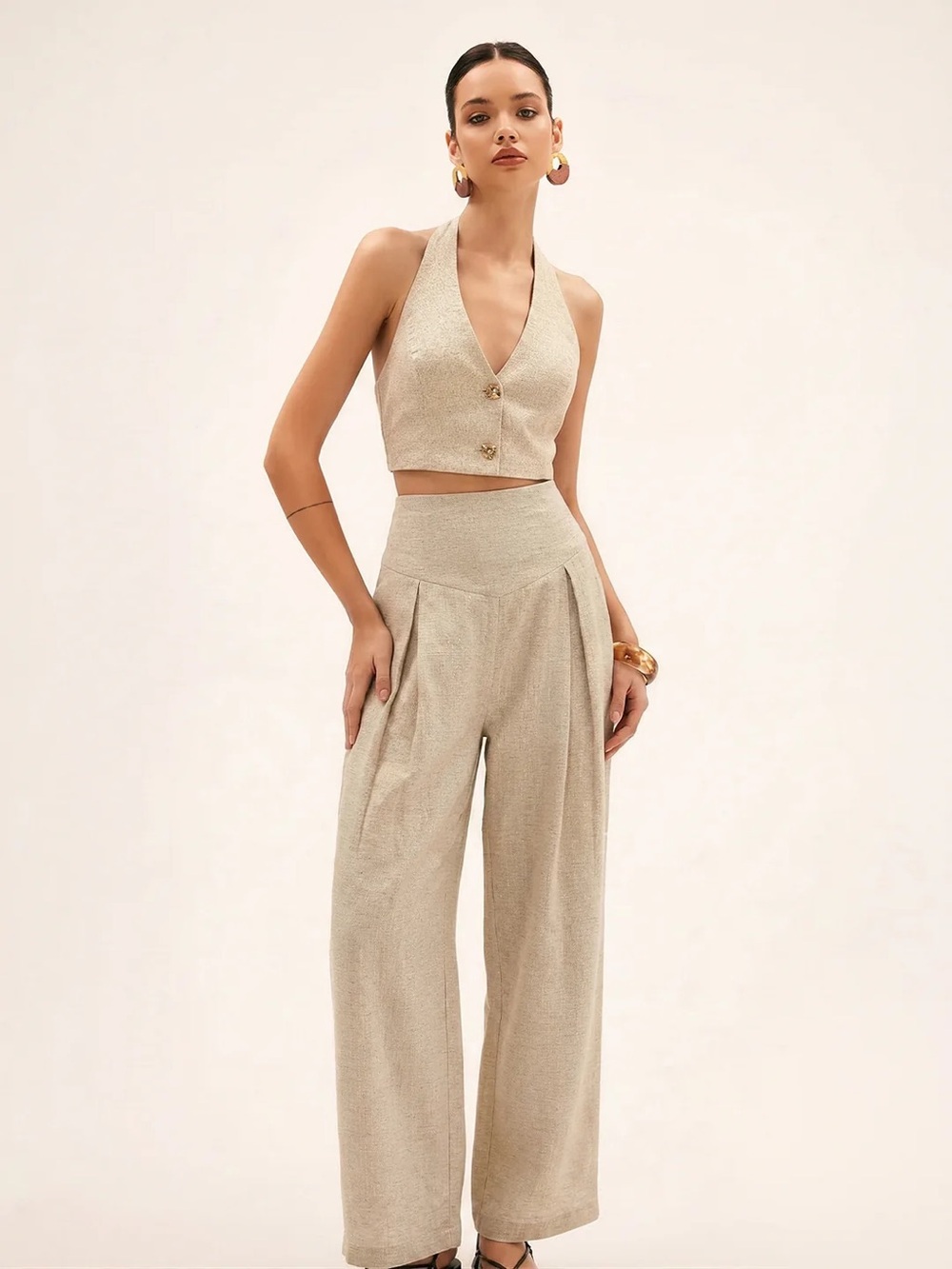 270 Linen Blend Halter Crop Top & Pants Set